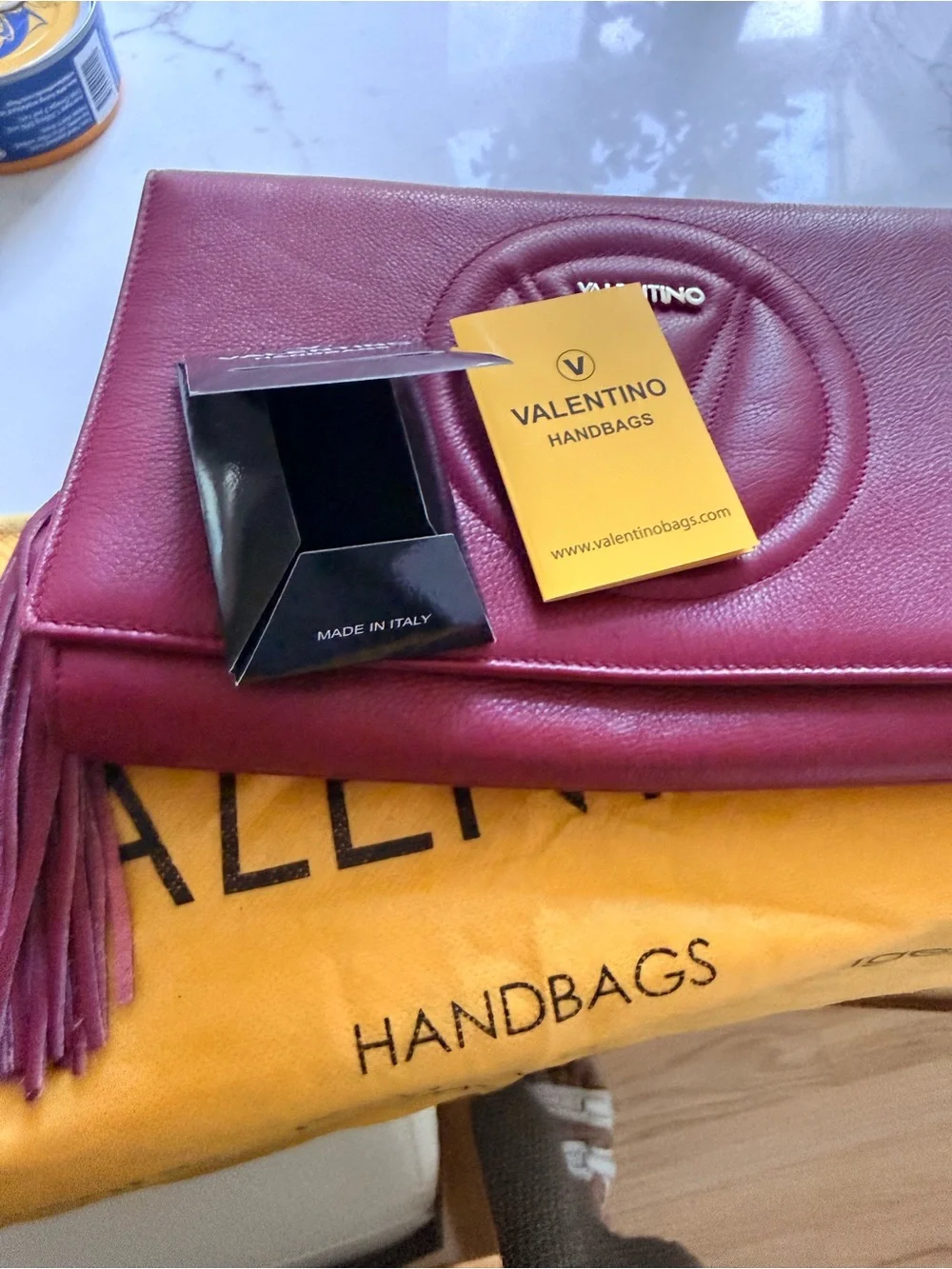 Valentino Burgundy Leather Wristlet Clutch with Tassel